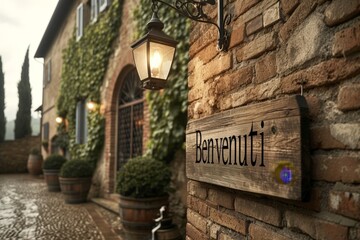 Rustic wooden sign with the inscription "Benvenuti", welcome in Italian