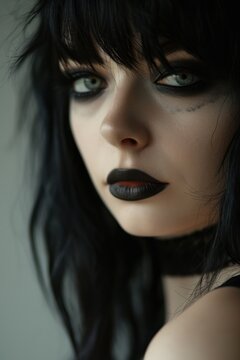 a woman with black hair and black makeup