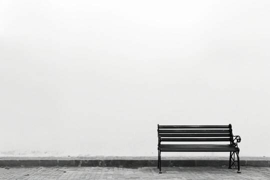 A solitary black bench stands on a brick sidewalk, its stoic presence contrasting with the foggy sky and barren winter ground, offering a place of reflection in an otherwise desolate outdoor setting © ChaoticMind
