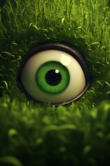 a green eyeball in grass - obrazy, fototapety, plakaty