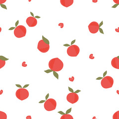 Seamless pattern with peach fruit and hearts on white background vector illustration.