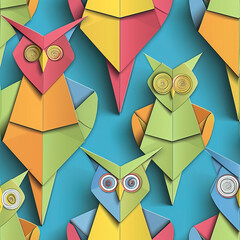 Owls line art origami colorful repeat pattern