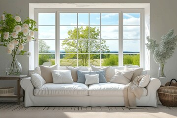 Fototapeta na wymiar Scandinavian elegance White sofa, summer view through living room window