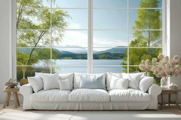 Scandinavian elegance White sofa, summer view through living room window