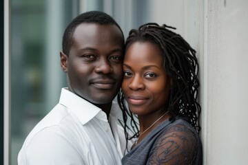 A joyful couple captures a moment of love and style, standing against a vibrant wall, their human faces adorned with radiant smiles and unique dreadlocks