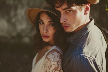 A fashionable man and woman strike a pose for a portrait in the great outdoors, showcasing their stylish fedoras and sun hats as they exude confidence and charm