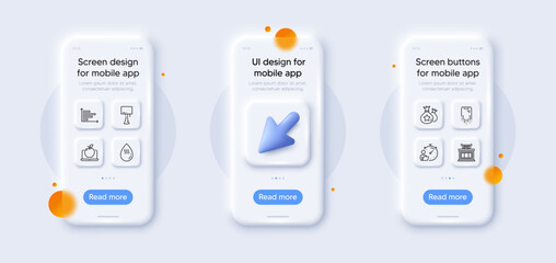 Smartphone recovery, Horizontal chart and Loyalty points line icons pack. 3d phone mockups with cursor. Glass smartphone screen. Laptop, Hot water, Shop web icon. Timer, Table lamp pictogram. Vector