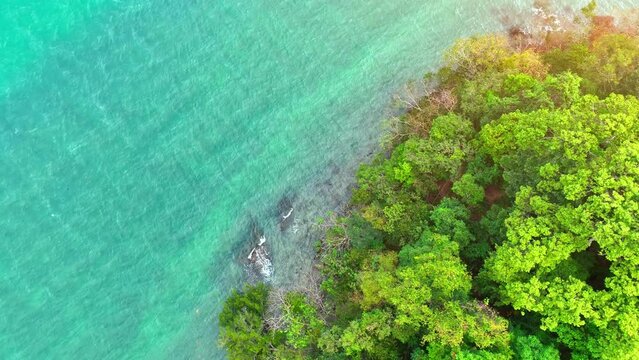 Aerial drone shot reveals a paradise island with emerald rainforests, majestic mountains, and azure waters mirroring the tropical sky. Landmarks and nature concept. Stock footage. Ko Chang, Thailand.
