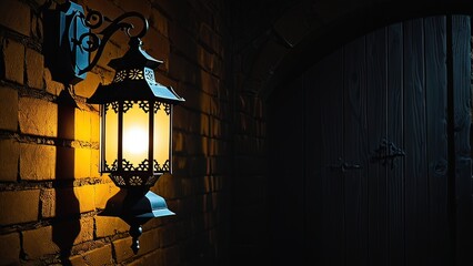 “Illuminated Lantern Casting Warm Glow on a Textured Stone Wall”