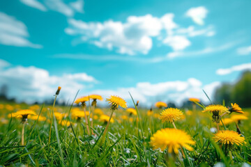 Obraz premium Beautiful meadow field with fresh grass and yellow dandelion flowers in nature against a blurry blue sky with clouds. 