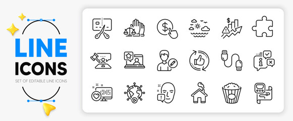 Popcorn, Judge hammer and Puzzle line icons set for app include Buy currency, Court jury, Home outline thin icon. Refresh like, Info, Charging cable pictogram icon. Heart. Vector - obrazy, fototapety, plakaty