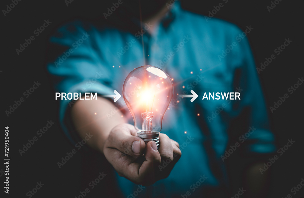 Poster businessman holing glowing lightbulb for creative thinking idea and problem solving until get soluti