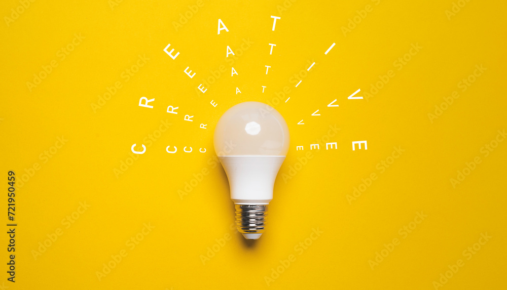 Poster white lightbulb with on yellow background for creative thinking idea for patent and problem solving 