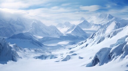 a snowy mountain range with clouds