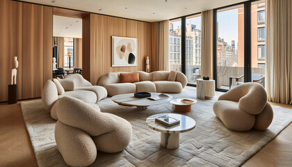 Fototapeta na wymiar Luxurious Modern Room with Comfortable Sofa, Stylish Floor Design, and Elegant Interior Decor