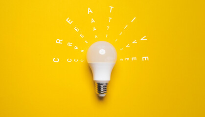 White lightbulb with on yellow background for creative thinking idea for patent and problem solving...