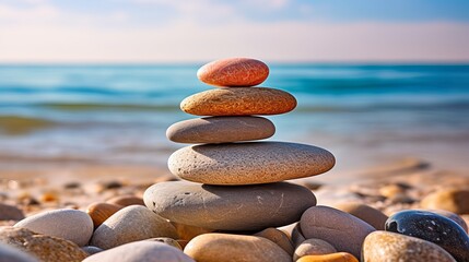 A stunning photograph of a stack of rocks on the shore - obrazy, fototapety, plakaty