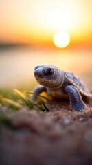 a baby turtle walking on the sand