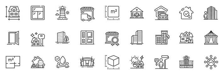 Icons pack as Agent, Window and House dimension line icons for app include Open door, Entrance, Painter outline thin icon web set. Loan house, Hospital building, Home facility pictogram. Vector - obrazy, fototapety, plakaty