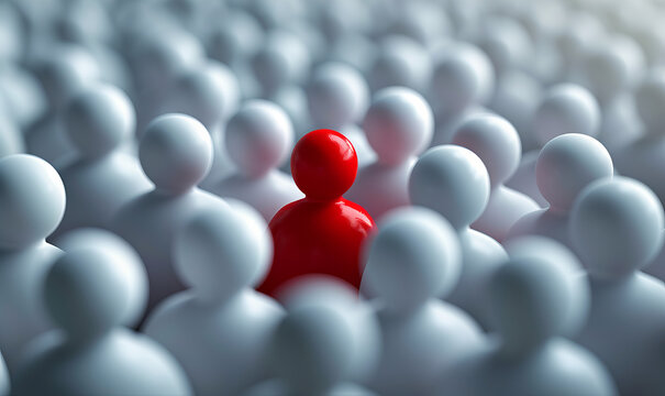 A red human shape among the white stands out from the crowd of others. It symbolizes exceptionality, uniqueness and being different.