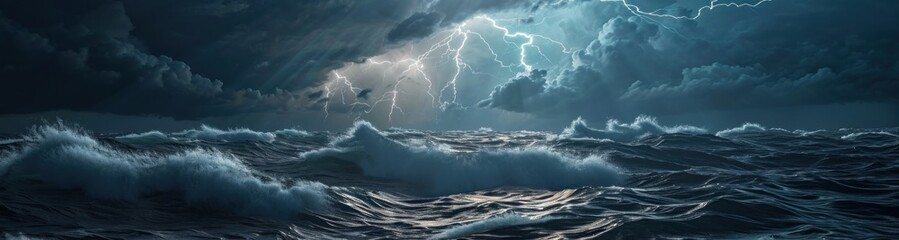 lightning striking over a stormy sea - obrazy, fototapety, plakaty