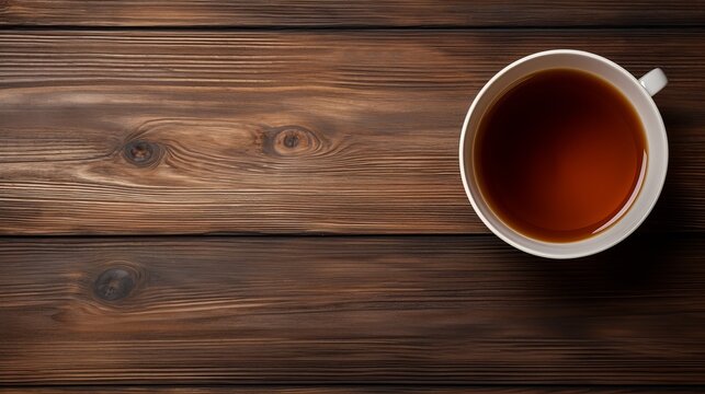 A view from the top of a wooden table with a tea cup.