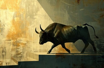 a bull walking on a step