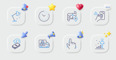 Stats, Table lamp and Dont touch line icons. Buttons with 3d bell, chat speech, cursor. Pack of Time management, Cursor, Cashback icon. Delivery truck, Map pictogram. For web app, printing. Vector