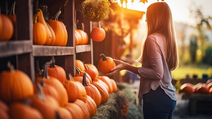 A woman is selecting pumpkins from a farm shop while using mesh shopping bags. - obrazy, fototapety, plakaty