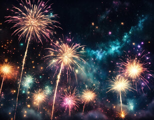 Retro white holiday fireworks background with sparks, colored stars and bright nebula on black night sky. Amazing beauty colorful fireworks display on celebration, showing. Holidays backgrounds