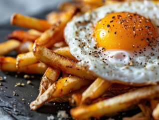 a fried egg and french fries on a plate - obrazy, fototapety, plakaty