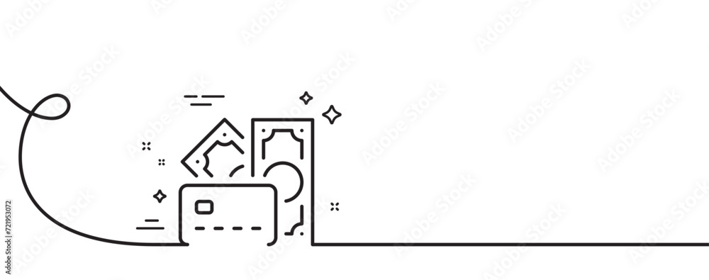 Poster money line icon. continuous one line with curl. credit card sign. cash banknotes symbol. money singl