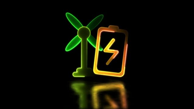Glowing neon frame effect Energy turbine charging battery, black background