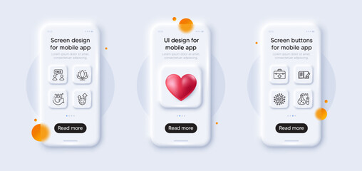 Seo gear, Lotus and 360 degrees line icons pack. 3d phone mockups with heart. Glass smartphone screen. First aid, Coronavirus, Fake information web icon. Feedback, Chemistry lab pictogram. Vector - obrazy, fototapety, plakaty