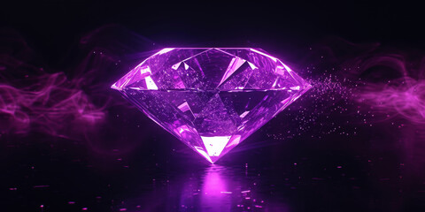 An illuminated purple diamond in a dark space