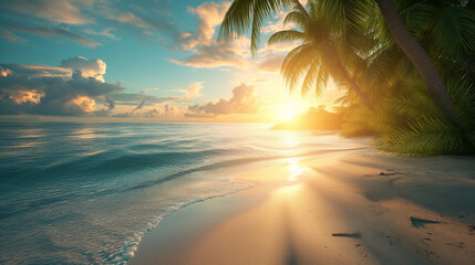 a beautiful tropical beach with palm trees, beautiful warm light - obrazy, fototapety, plakaty