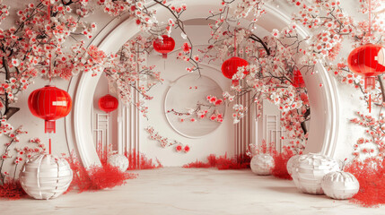  A white and red chinese lantern background with the flowers decorating it. - obrazy, fototapety, plakaty