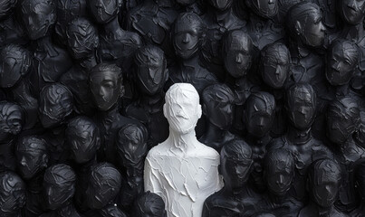 A white human shape among the dark stands out from the crowd of others. It symbolizes exceptionality, uniqueness and being different. Abstract pained concept.
