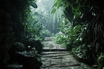 a stone path in a jungle