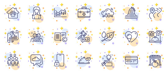 Fototapeta na wymiar Outline set of Woman, Pet shelter and Report document line icons for web app. Include Lock, Ice cream, Weather forecast pictogram icons. Credit card, Social media, Group people signs. Vector