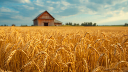 granaries against the background of grown ears of wheat - obrazy, fototapety, plakaty