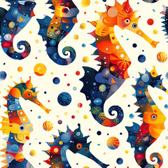 Seahorses cartoon repeat pattern, cute ocean marine cartoon line art repetitive  - obrazy, fototapety, plakaty