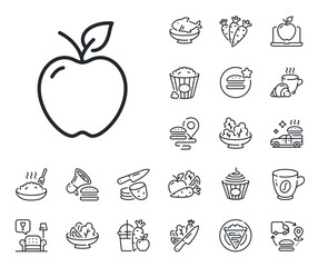 Fruit food sign. Crepe, sweet popcorn and salad outline icons. Apple line icon. Diet nutrition symbol. Apple line sign. Pasta spaghetti, fresh juice icon. Supply chain. Vector