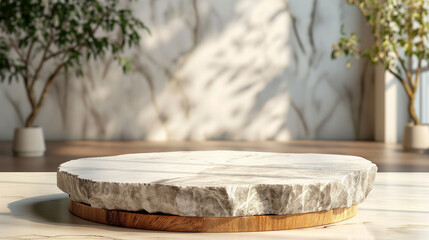 Fototapeta na wymiar marble rough rock block with wooden top stand podium for product presentation in a minimalistic interior backdrop
