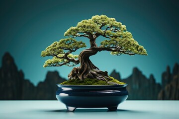 Bonsai Tree in pot on nature on blurred background. potted plant, nature in miniature , meditative practice, mindful hobby concept. - obrazy, fototapety, plakaty