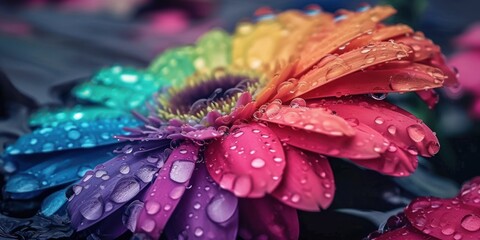a rainbow colored flower with water droplets on it