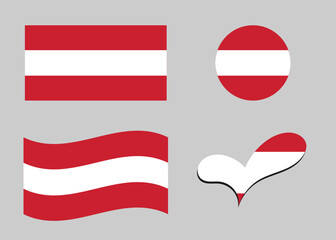 Flag of Austria. Austria flag in heart shape. Austria flag in circle shape. Country flag variations 