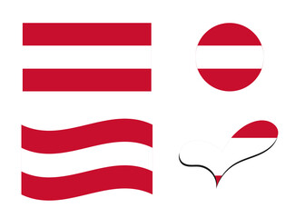 Flag of Austria. Austria flag in heart shape. Austria flag in circle shape. Country flag variations