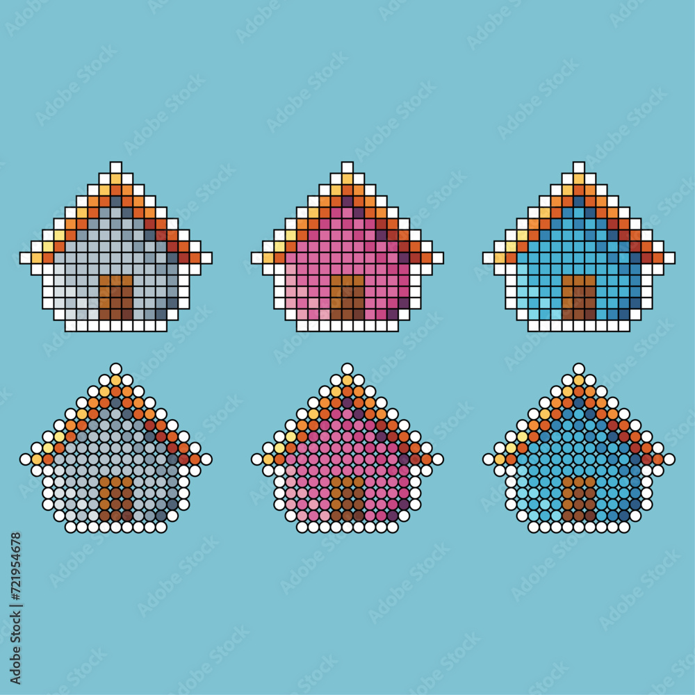 Poster pixel art stroke sets icon of house icon variation color.house icon on pixelated style. 8bits perfec