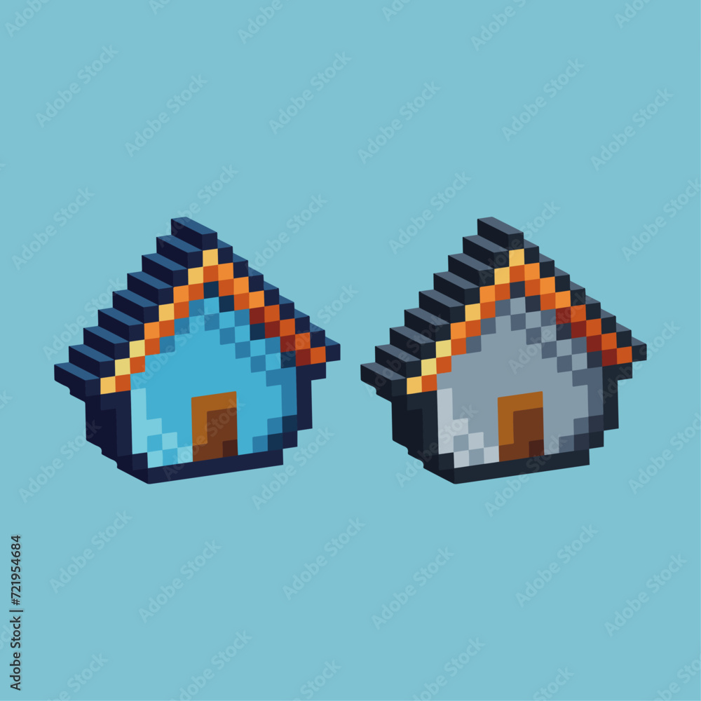 Poster isometric pixel art 3d of house icon for items asset. house home icon on pixelated style.8bits perfe